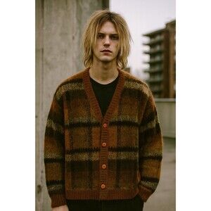 Fuzzy Wool Mohair Knit Cardigan Sweater Paul Harris M Burnt Orange Cobain Grunge
